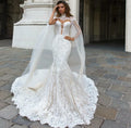 Lace mermaid tulle shawl slim elegant bridal gown front view