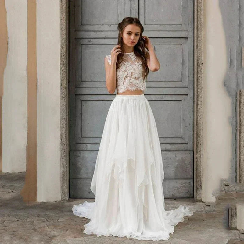 Boho Wedding Dress 2 Pieces Bohemian Vintage Sleeveless Sexy Lace Beach Bride Dresses Train Elegant Chiffon Wedding Bridal Gowns
