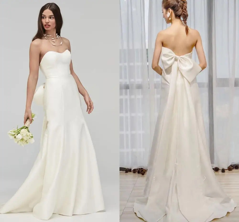 Strapless satin mermaid elegant big bow bridal gown size chart