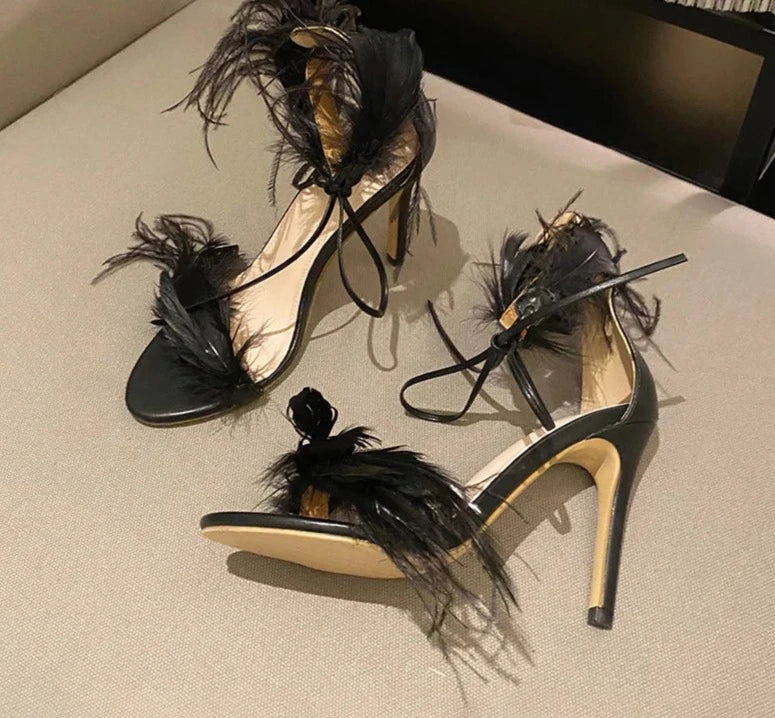 New PU Fashion Peep Toe Sandals Women's Summer Thin Heels Shoes Party Sexy Basic Solid Sweet FEATHER Elegant White