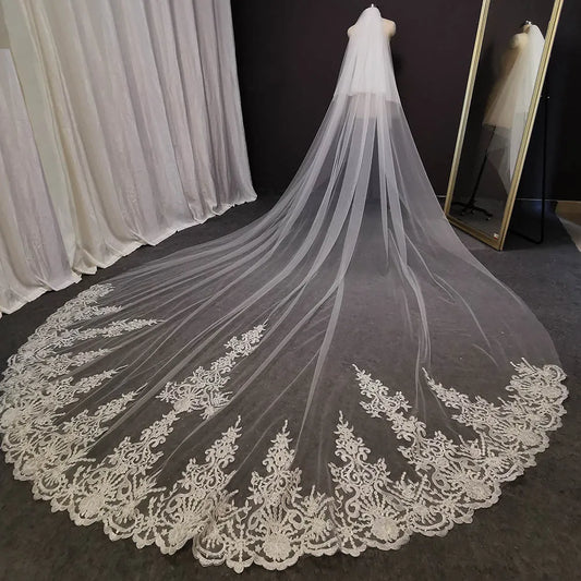 Customized Real Photos 2 T Long Lace Wedding Veil 4 Meters White Ivory Bridal Veil with Comb Blusher Bride Headpiece Accessories