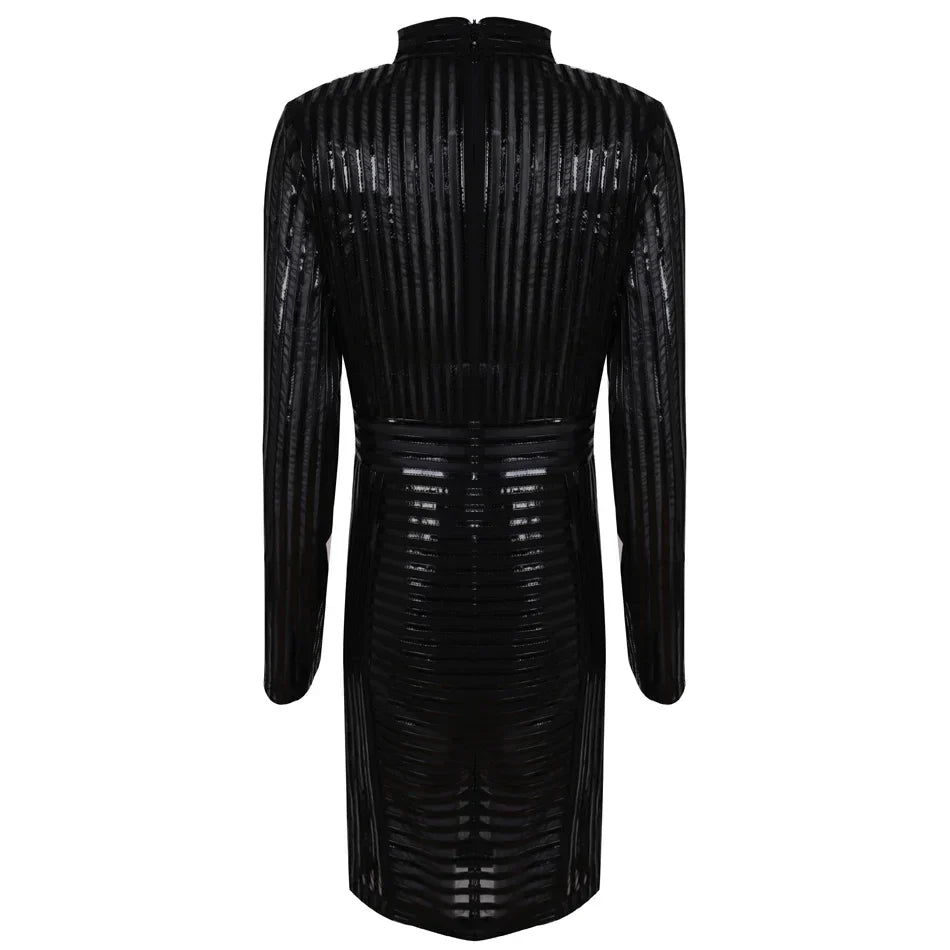 Mini slim striped turtleneck long sleeve PU mesh patchwork sexy club women dress detail