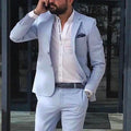 Beach summer slim sky blue linen 2 piece groom wedding tuxedo men suit jacket pants back view
