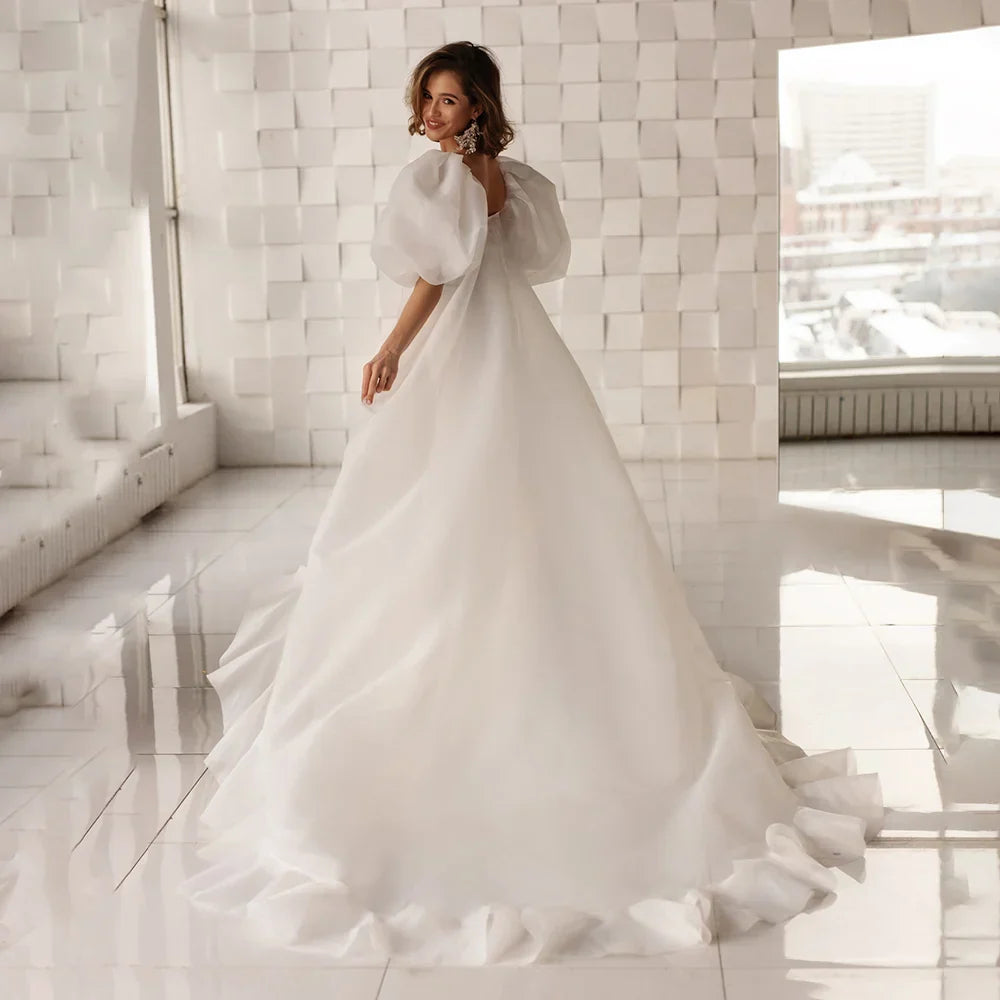 Thigh Split Simple Organza Beach Wedding Dress Custom Made Plus Size Short Lantern Sleeves Plain Sweetheart Ruched Bridal Gowns
