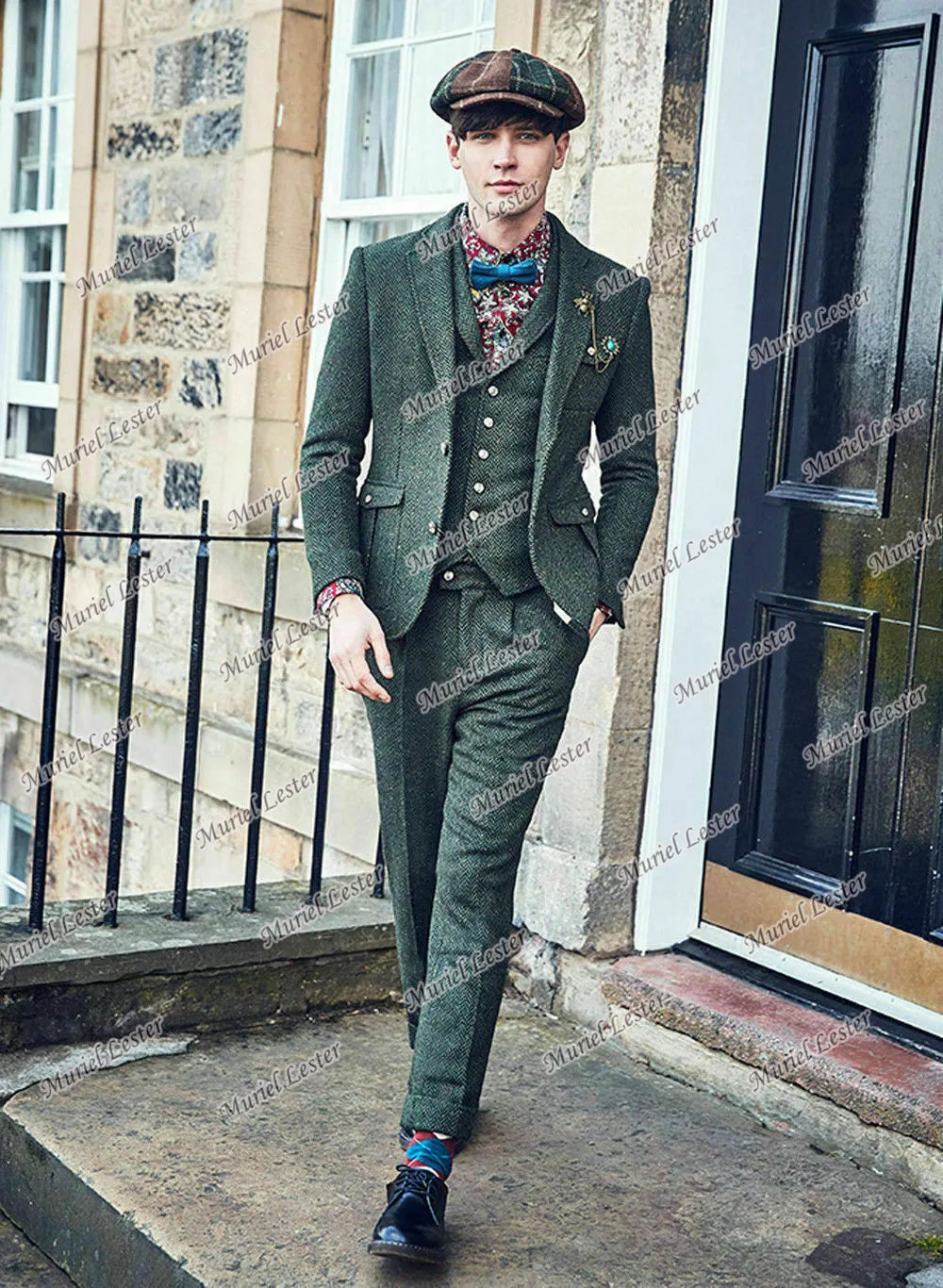 3 pieces herringbone green groom wedding suit jacket vest pants smoking business blazer side view