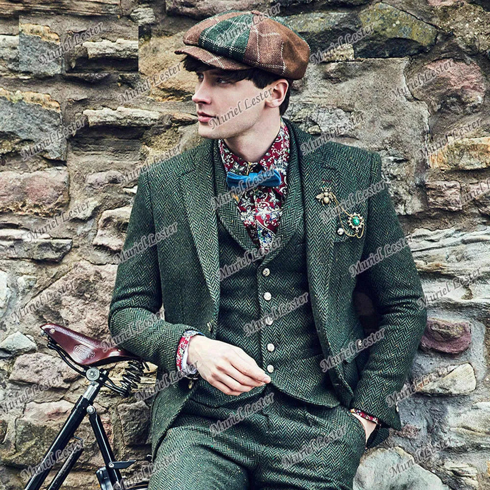 Green herringbone men suit groom wedding 3 pieces jacket vest pants smoking business blazer