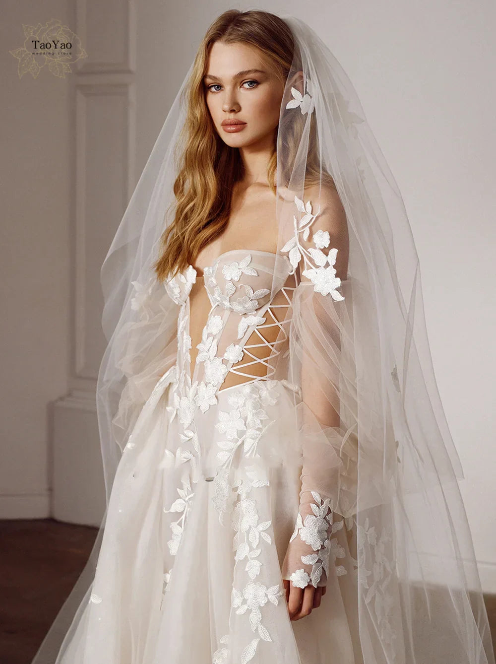 Elegant A-line Wedding Dresses For Women Sweetheart  Removable Puff Sleeves Lace Applique Backless Bridal Gown Vestidos De Novia