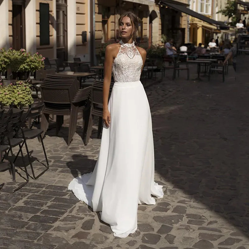 Simple halter collar wedding dress white sexy high split jewel neck chiffon boho beach bridal gown