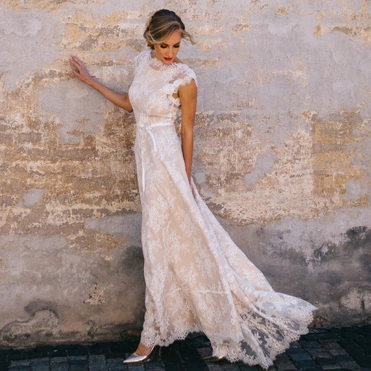 2024 Vintage Champagne Lace Bohemian Wedding Dress A Line Cap Sleeve Sexy Backless Bridal Gown Vestidos de Novia Ivory
