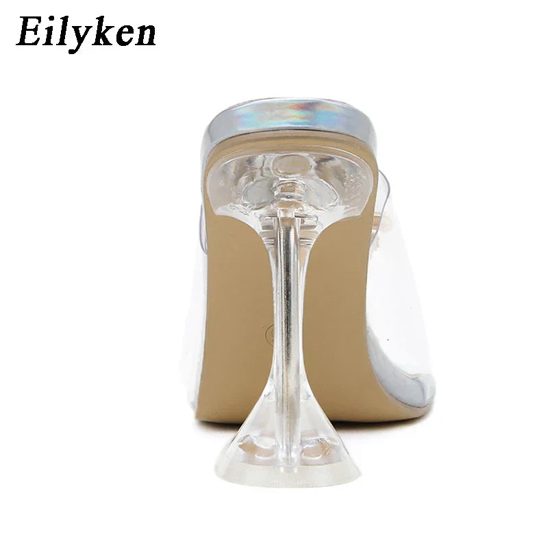 Eilyken PVC Transparent Crystal Sun Flowers Buckle Womens Slippers Summer Square Toe High Heels Sandals Ladies Shoes