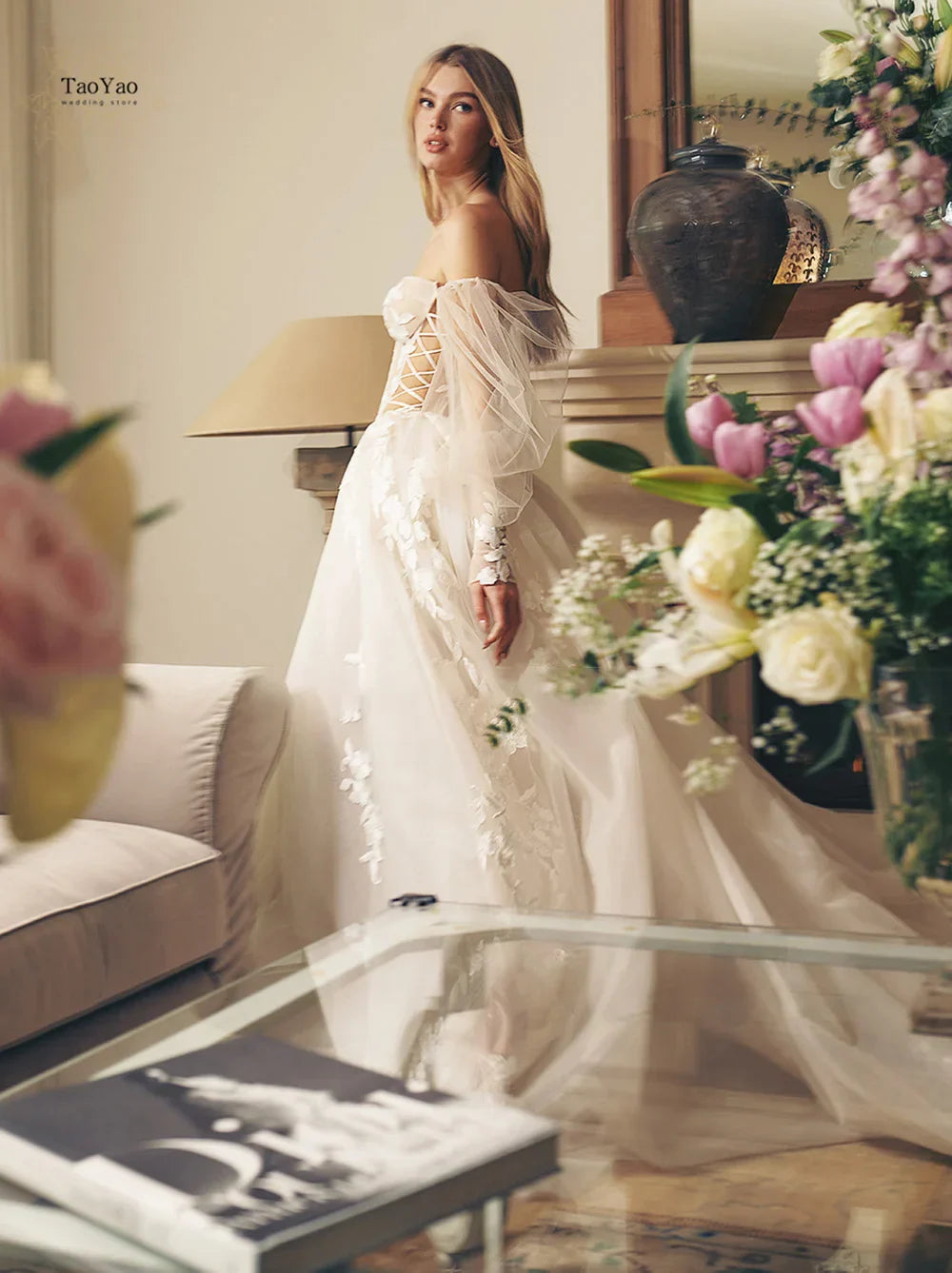 Elegant A-line Wedding Dresses For Women Sweetheart  Removable Puff Sleeves Lace Applique Backless Bridal Gown Vestidos De Novia