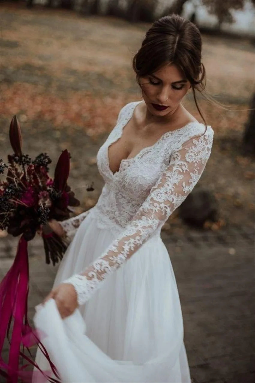 A-line Long Sleeves Wedding Dresses Lace Tulle Backless Bridal Gowns Boho Vestidos De Novia Sexy V-neck Custom Made