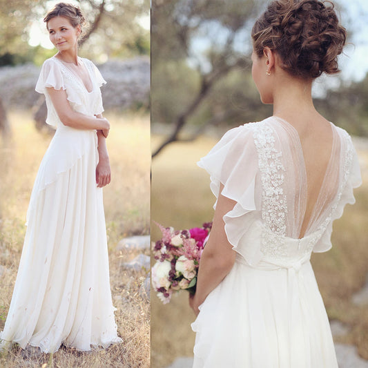 Chiffon Appliqued V-Neck Hiking Wedding Dress Beading Backless Plus Size Boho A Line Customized Flutter Sleeves Bridal Gown