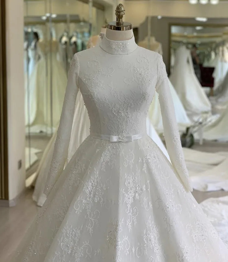 Elegant Long Sleeves Lace Muslim Wedding Dresses High Neck A-Line Zipper Back Tulle With Bow vestido de noiva customized