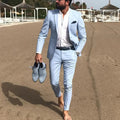 Linen beach sky blue slim 2 piece summer groom wedding tuxedo men suit jacket pants detail