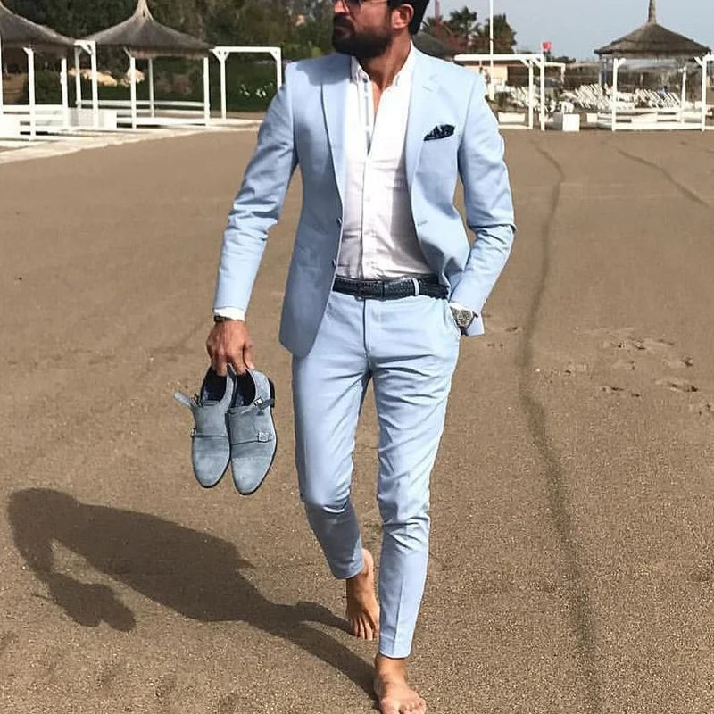 Linen beach sky blue slim 2 piece summer groom wedding tuxedo men suit jacket pants detail