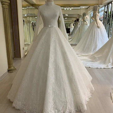 Elegant Long Sleeves Lace Muslim Wedding Dresses High Neck A-Line Zipper Back Tulle With Bow vestido de noiva customized