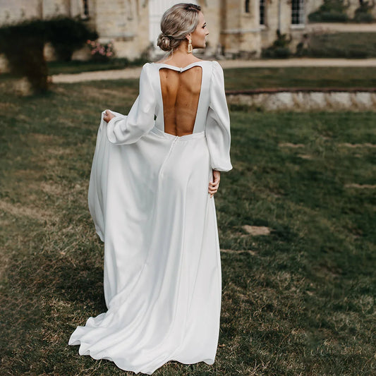 Plain Satin V Neck Long Sleeves Wedding Gowns Customized Plus Size High Split Ruched Backless Simple Bridal Dress With Train