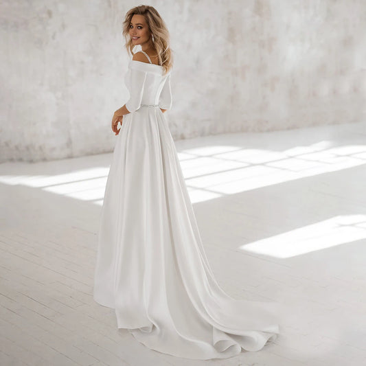 Off Shoulder Straight Across Minimalist Wedding Dress Customized Plus Size Beading Sash Half Sleeves Satin Plain Bridal Gowns