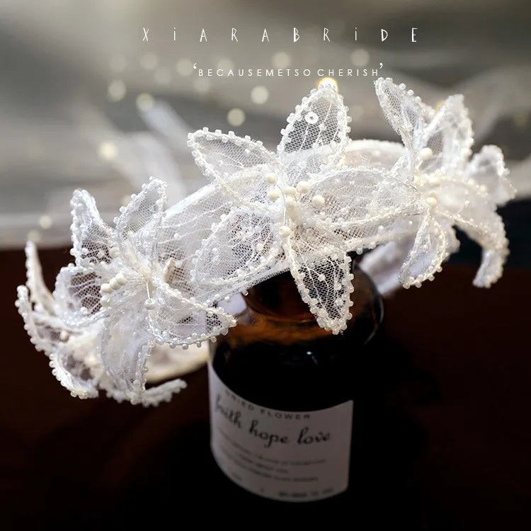Original design Lace Flower Small Pearl Beaded hairbands Bridal HeadBand Bride Wedding Decoration Hair Accessories