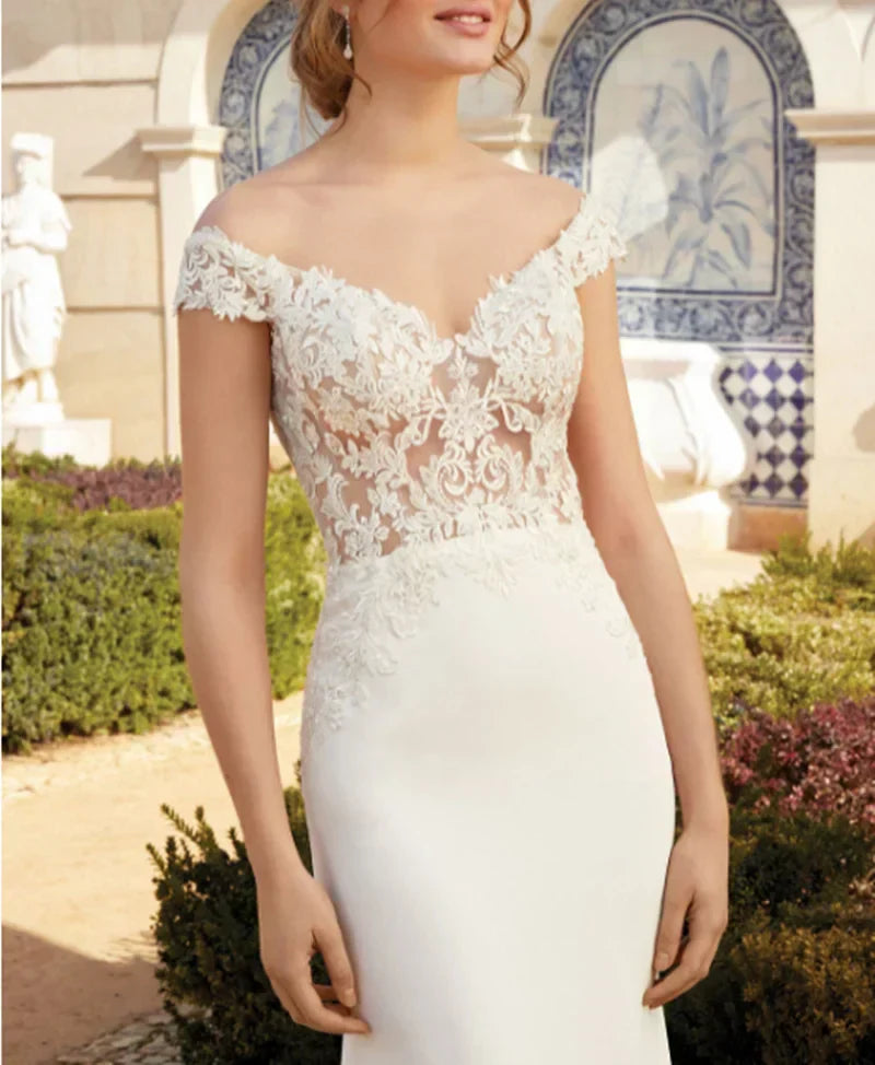 See-through satin mermaid off-shoulder tulle appliqued bridal gown front view
