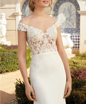 See-through satin mermaid off-shoulder tulle appliqued bridal gown front view