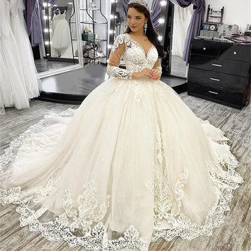 Customized Luxury Lace Wedding Dresses Ball Gown V Neck Long Sleeves Appliqued Tulle Chapel Bridal Gown Custom Made Robes