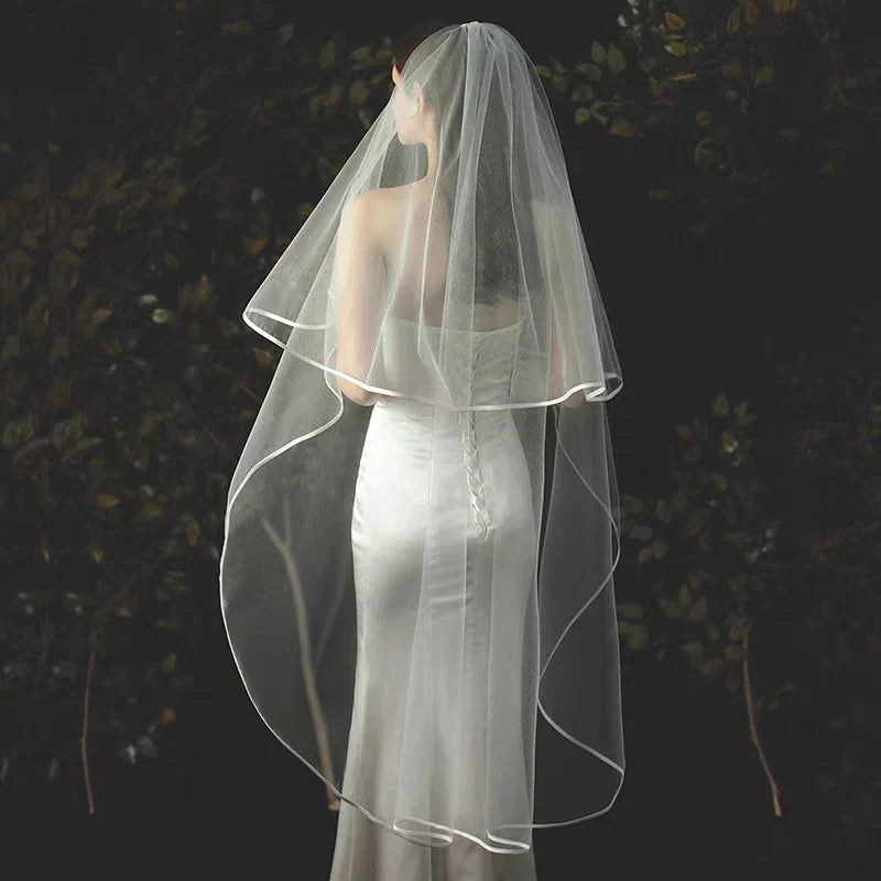 TOPQUEEN V97 Wedding Veil Long Bridal Veils 2 Layer Ribbon Edge Veil for Bride 3 Meters Wedding Accessories Veu de Noiva