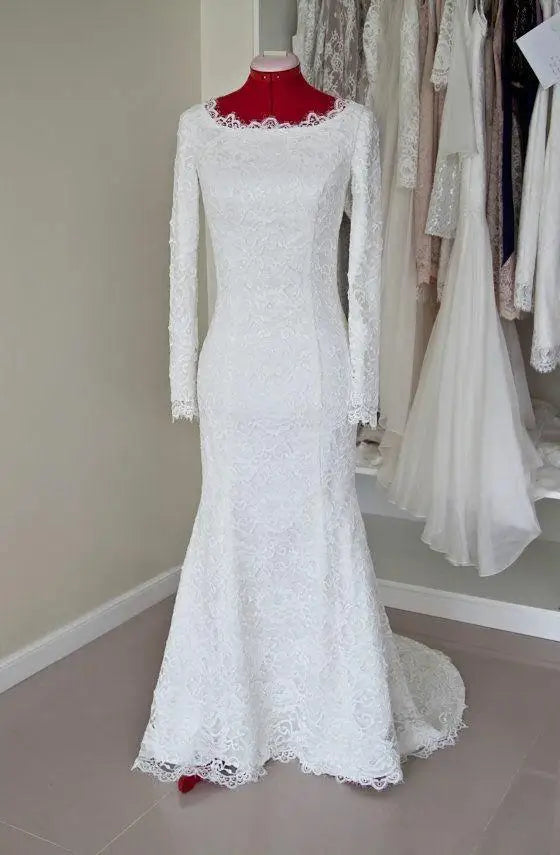 customized Lace Mermaid Muslim Wedding Dress for Bride Long Sleeve Wedding Bridal Gowns Scoop Neckline Robe De Soirée De Mariage