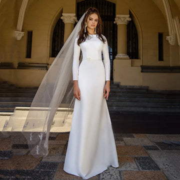 Customized Simple Satin Muslim Wedding Dresses Appliques Long Sleeve Pearls O-neck Bridal Gowns Robe de mariée Vestido De Noiva
