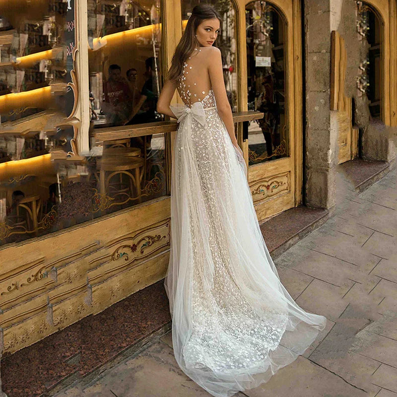 Boho beach lace A-line floor length princess charming party plus size wedding dress bridal gown ivory