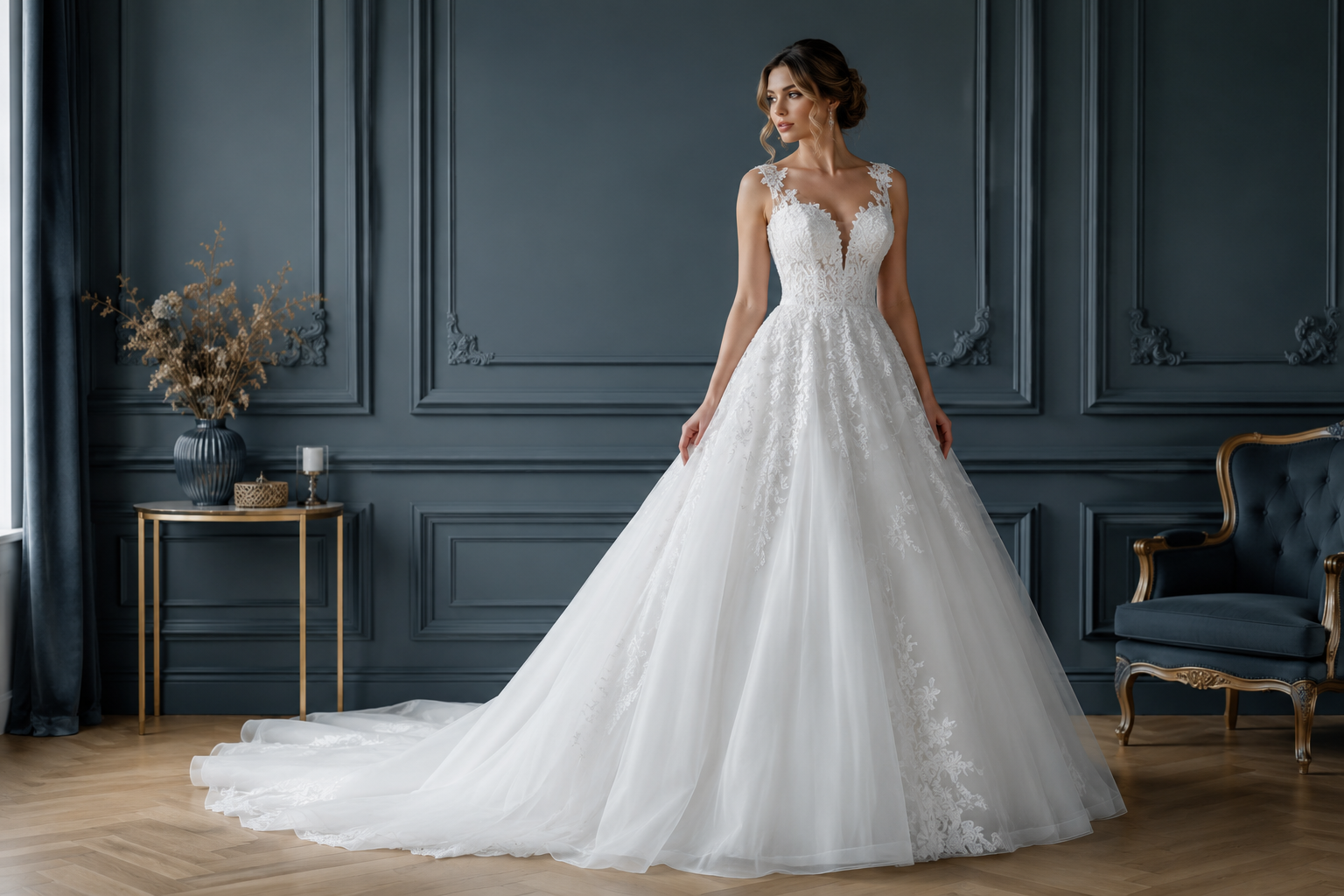 Bride wearing an elegant A-line lace wedding dress in a luxurious blue gray room with classic wall moldings and sophisticated interior decor.1621243260e1af0c20-2