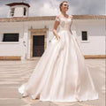Satin classic scoop ball gown short sleeves customized white ivory bridal gown back view