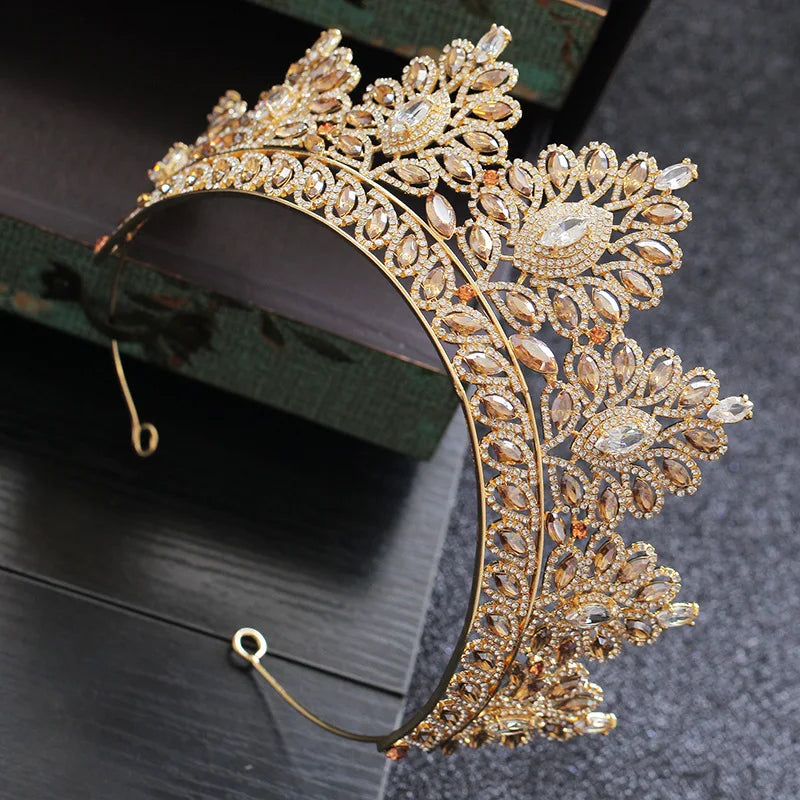 Baroque Vintage Gold Color Champagne Rhinestone Bridal Tiaras Crown Wedding Hair Accessories Crystal Pageant Tiaras Queen Diadem