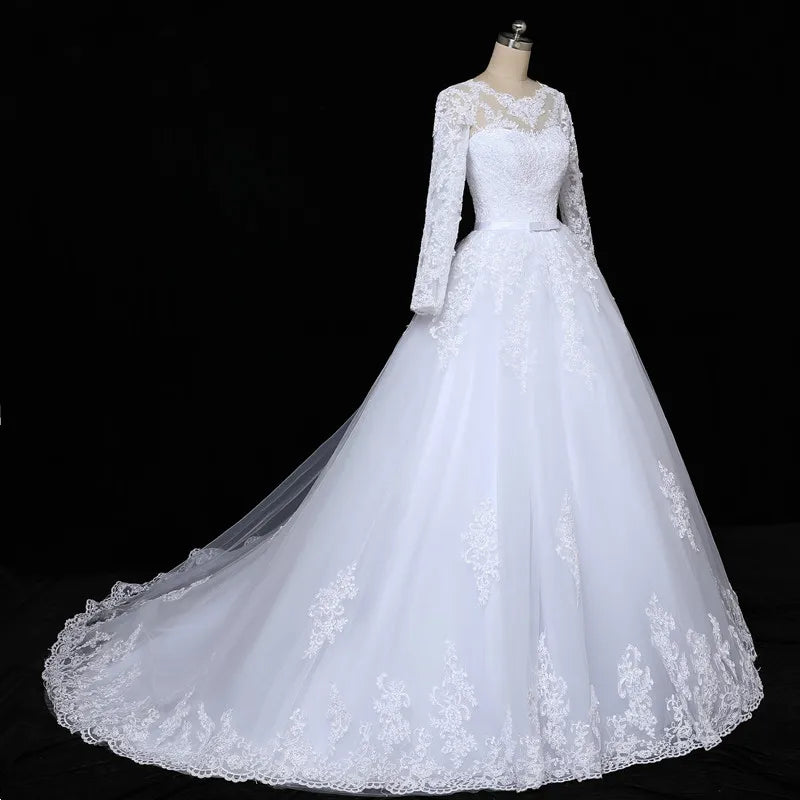 Long Sleeve Vestido De Noiva Lace Gowns Wedding Dress Train Customized Plus Size Bridal Tulle Mariage