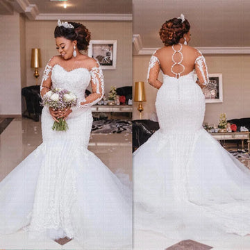 Customized Luxury African Mermaid Wedding Dress Plus Size Sheer Backless Long Sleeve Illusion Arabic Bridal Gowns