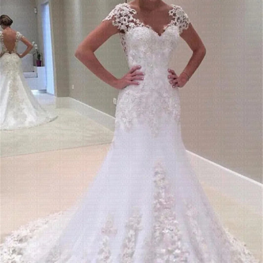 Customized Amazing V-neck Appliqued Lace Illusion Back Mermaid Vestido De Noiva Stunning Cap Sleeve Wedding Dresses Formal Gowns