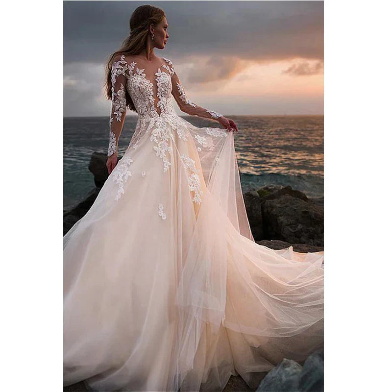 Illusion long sleeve lace train appliques ivory bride wedding dress front view