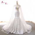 Elegant lace slim mermaid tulle shawl bridal gown back view