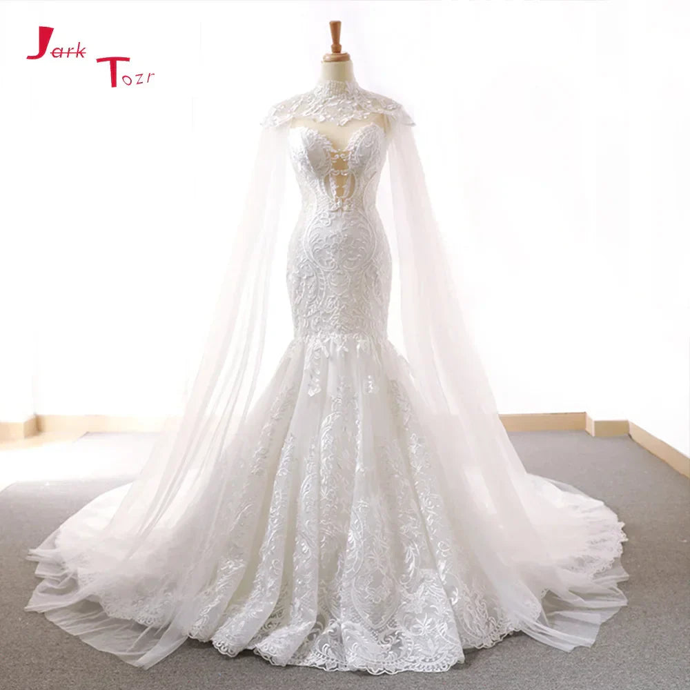 Elegant lace slim mermaid tulle shawl bridal gown back view