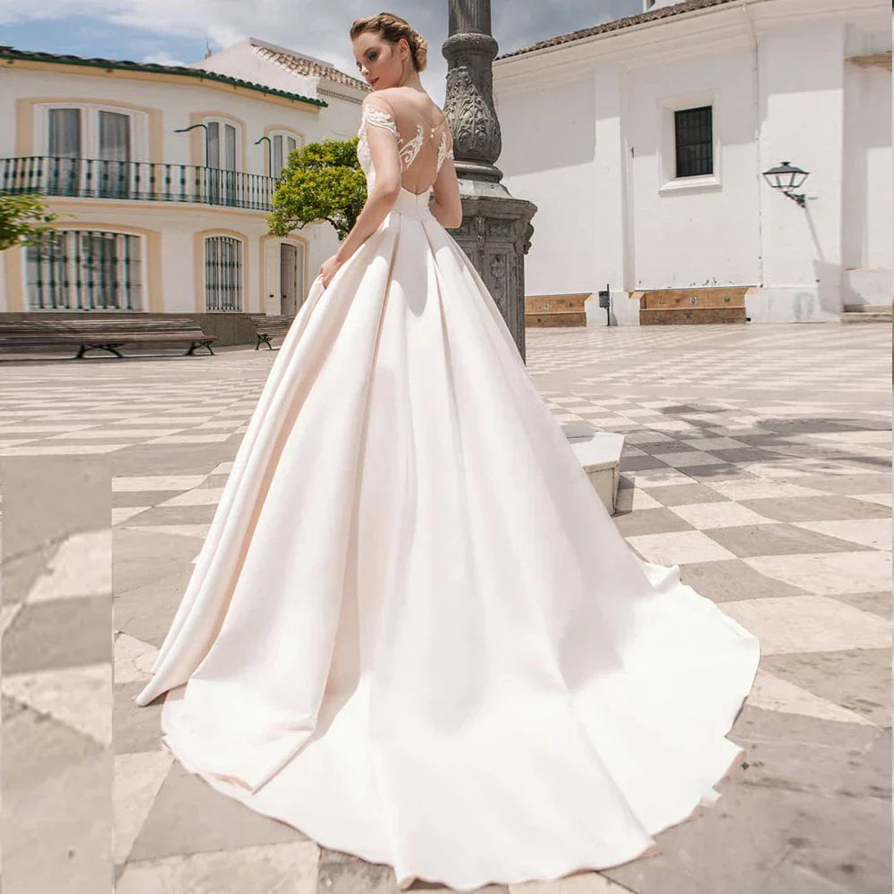 Classic scoop short sleeves satin ball gown customized white ivory bridal gown front view