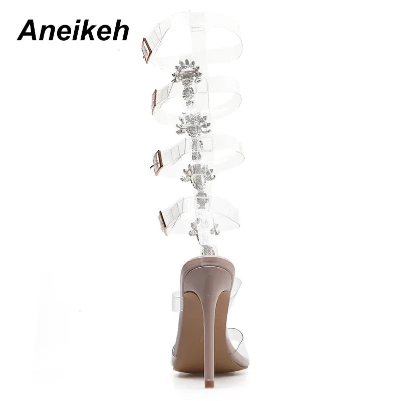 NEW Shoes Size 41 42 Sexy Gladiator knee High Transparent Buckle Sandals Fashion Crystal Flower High Heel Women Sandal
