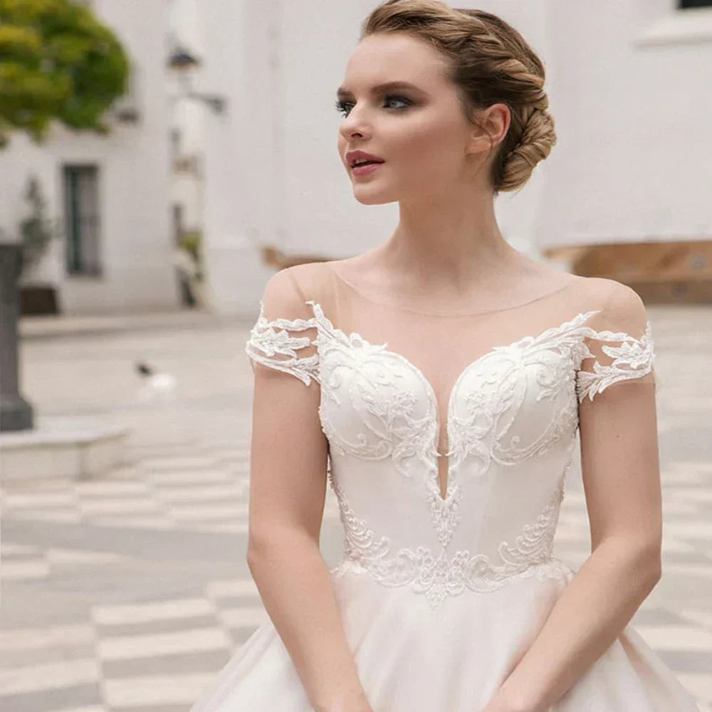 Scoop short sleeves satin classic ball gown customized white ivory bridal gown side view
