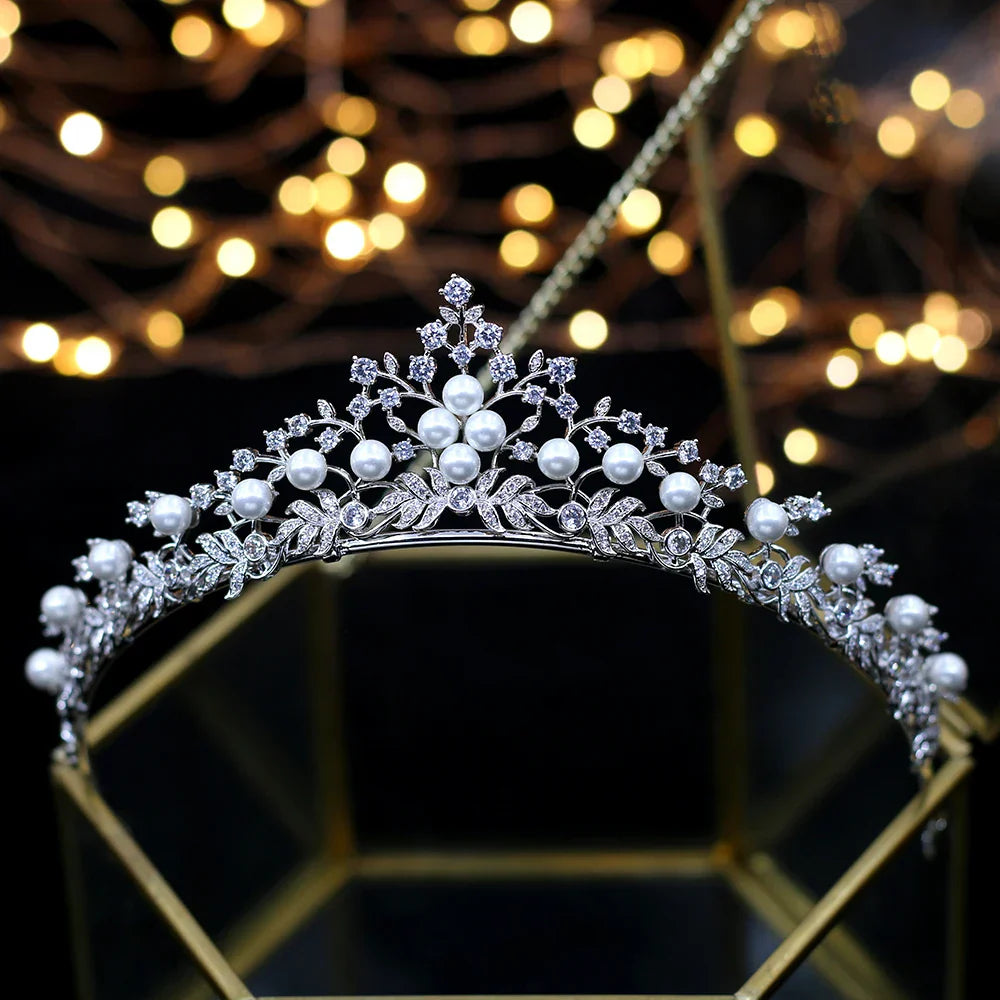Royal Princess  Wedding Tiaras Crowns Freshwater Pearls Brides Hairbands Zircon Crystal Wedding Hair Accessories Gifts