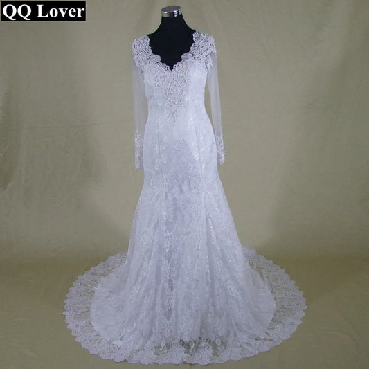 Customized Long Sleeves Vestido De Noiva Pearls Beaded Mermaid Wedding Dresses Lace See Through Back Bridal Gown