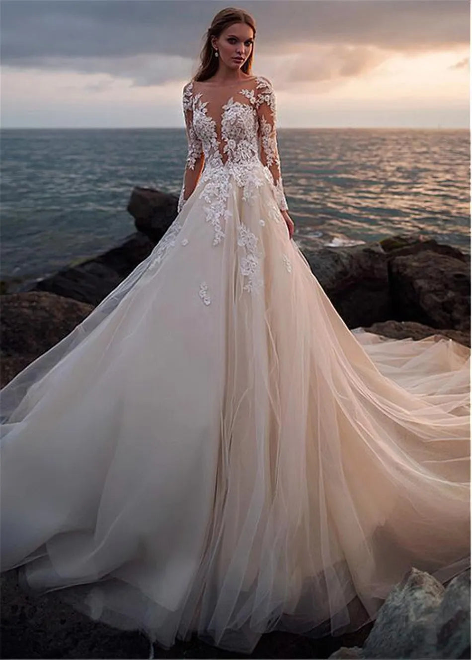 Lace illusion long sleeve train appliques ivory bride dress size chart