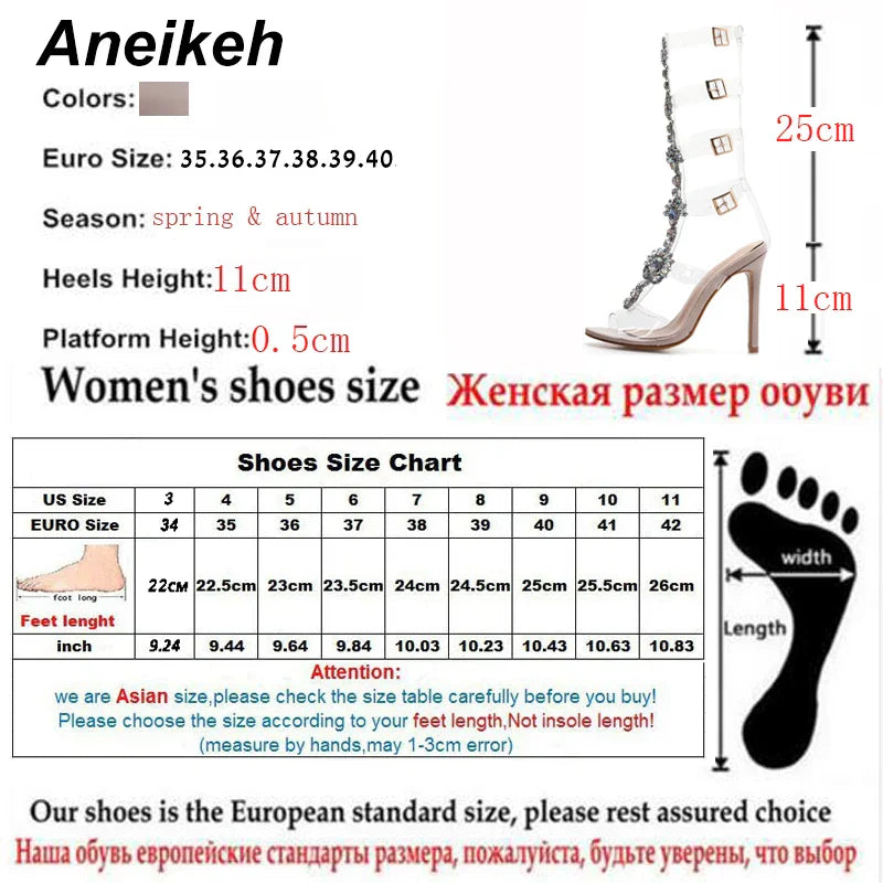 NEW Shoes Size 41 42 Sexy Gladiator knee High Transparent Buckle Sandals Fashion Crystal Flower High Heel Women Sandal