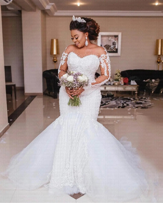 Customized Luxury African Mermaid Wedding Dress Plus Size Sheer Backless Long Sleeve Illusion Arabic Bridal Gowns