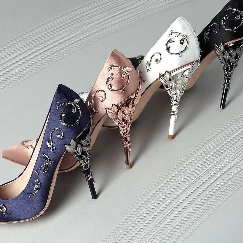 Luxury Brand Women Pumps Pointed Toe Flower Heel Wedding Shoes Women Elegant Silk Design High Heels Ladies Pumps Drop Shipping