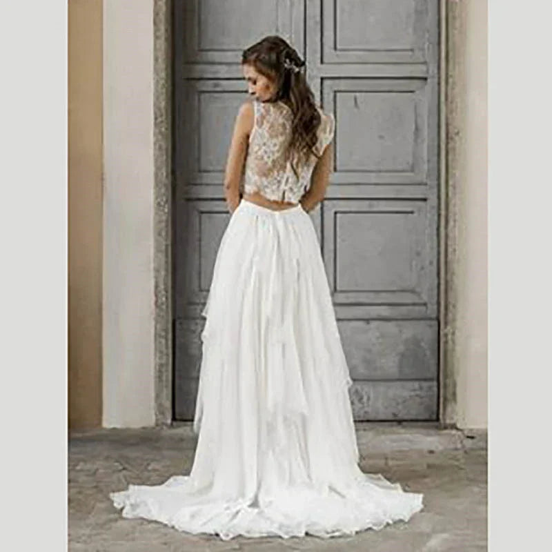 Boho Wedding Dress 2 Pieces Bohemian Vintage Sleeveless Sexy Lace Beach Bride Dresses Train Elegant Chiffon Wedding Bridal Gowns